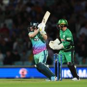 LONDON, ENGLAND - AUGUST 08: Jordan Cox of Oval Invincibles plays a shot as Alex Davies of Southern Brave keeps during The Hundred match between Oval Invincibles Men v Southern Brave Men at The Kia Oval on August 08, 2024 in London, England. (Photo by