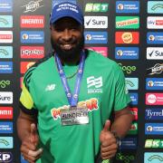 Kieron Pollard of Southern Brave poses for a picture after being awarded the Meerkat Match Hero award