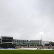 A general view as rain delays play during The Hundred match between Southern Brave Men and Welsh Fire Men