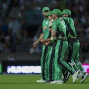 Southern Brave's Laurie Evans (centre) celebrates with teammates after catching out Birmingham Phoenix's Liam Livingstone (not pictured) during the super five over during The Hundred Men's Eliminator match at The Kia Oval, London.