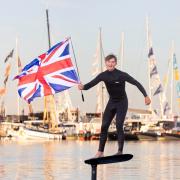 16-year-old national champion wingfoiler, Hugo Dobrijevic, opened the Southampton International Boat Show in style by performing slips, tricks, and skills