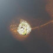 Aerial view of surveying a human-made prehistoric island, or Crannog, in Loch Bhorgastail, Scotland