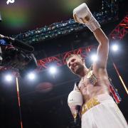 Lewis Edmondson celebrates winning their British and Commonwealth Light Heavyweight Title bout against Dan Azeez