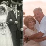 Carole and Barry on their wedding day 60 years ago and today