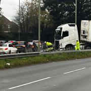 The lorry has become stuck in the central reservation at Rushington roundabout in Totton