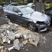 Footage shows the moment an elderly man crashed and ploughed into a brick wall and a woman suffered life-changing injuries.