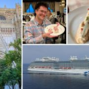 Clockwise from left: the Seville Cathedral, fondant fancy making, a marinera tapas from Murcia, and the Sky Princess ship