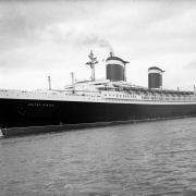 SS United States ship in Southampton waters. Built in 1952, SS United States is a luxury cruise liner constructed entirely in the United States. Costing $78 million , she was designed to break the trans-Atlantic speed record which she did in 1952 and has