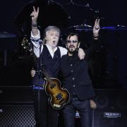 Sir Paul McCartney on stage with Beatles drummer Sir Ringo Starr during the last concert of Sir Paul’s Got Back Tour at London’s O2 Arena on Thursday night (MPL Communications/MJ Kim)