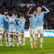 Savinho, left, and Erling Haaland scored as Manchester City won 2-0 at Leicester (Joe Giddens/PA)