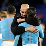 Manchester City manager Pep Guardiola, centre left, celebrated a milestone occasion with a much-needed win (Joe Giddens/PA)