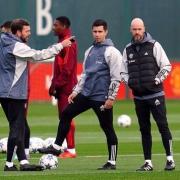 Former Manchester United manager Erik ten Hag with first team coach Eric Ramsay and fitness coach Charlie Owen