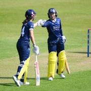 Southampton, UK, 27 April 2025. Maia Bouchier (left) and Ella McCaughan of Hampshire during the Metro Bank One Day Cup match between Hampshire Women and Surrey Women at Utilita Bowl. Credit: Dave Vokes/Alamy Live News
