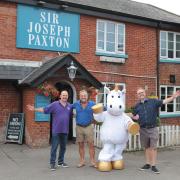 Dave Roseby, Gary Parker and Dave Fawcett with the mascot from Abby's Heroes