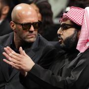 Turki Al-Sheikh speaking with actor Jason Statham (left) at the Kingdom Arena in Riyadh, Saudi Arabia.