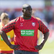 Afolabi Fasogbon of Gloucester Rugby during the warm up before the Gallagher Premiership Rugby match between Gloucester Rugby and Exeter Chiefs at the Kingsholm Stadium, Gloucester, United Kingdom on 27 April 2025.
