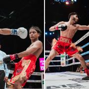 Vijayraj Karia dodging a punch from his opponent, in the left photo, and Yuvraj Karia delivering a punch, in the right photo.