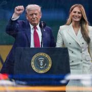 President Donald Trump and first lady Melania Trump attend a military parade commemorating the Army’s 250th anniversary, coinciding with his 79th birthday in Washington (Julia Demaree Nikhinson/AP)