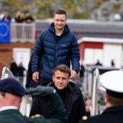 French President Emmanuel Macron visits the Danish frigate F363 Niels Juel in Nuuk, Greenland (Mads Claus Rasmussen/Scanpix via AP)