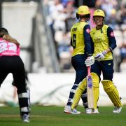 Hampshire batters Freya Kemp and Georgia Adams celebrate their last over victory over Somerset in the Women's Vitality Blast