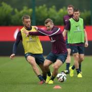 Former Saints striker Rickie Lambert (left) in training with England today.