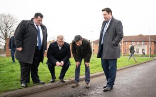 Prime Minister Rishi Sunak with Darlington Council leader Jonathan Dulston (far left), Tees Valley Mayor Ben Houchen (far right) and Darlington MP Peter Gibson (second from left) in Firth Moor during a visit to Darlington, County Durham where he