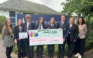 Jade Burgess, Project Manager, Jemma Morgan, Deputy Headteacher, Louisa Cambridge, Headteacher, and Natalie Madden, Programme Manager with The Hamble School pupils