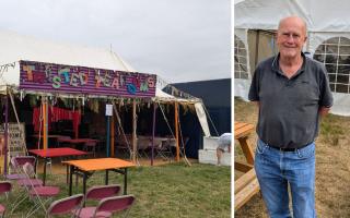 Left: The empty festival site is being cleared. Right: Festival organiser Peter Chegwyn