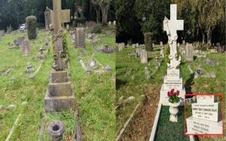 Before and after photos from The Graveside Sister's restoration of Titanic survivor Andrew Orr Cunningham's headstone.