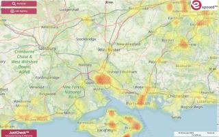 A heatmap showing the areas of Hampshire worst affected by Japanese knotweed