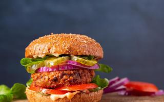 Homemade plant based burger made from sweet potato, black beans and brown rice on a whole wheat brioche bun; copy space