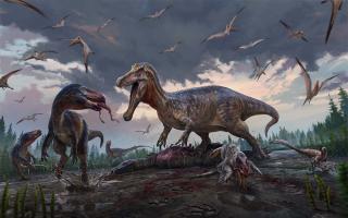 A spinosaur (centre) takes over the carcass of an ornithopod