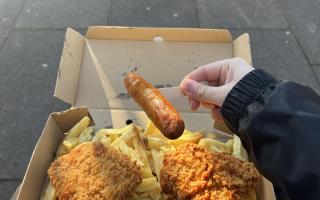 One of the 850-plus sausages sold each week at Sonny's Traditional Fish and Chips on Sandy Lane.