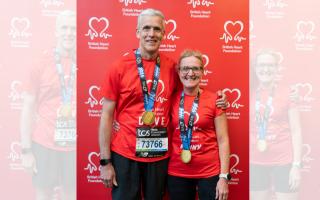 Penny and Dave Gorman finished the London Marathon together after running in aid of the British Heart Foundation.
