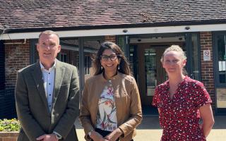Suella with Iain Cameron (Chief Executive) and Jo Fricker (Clinical Director) both of Rowans Hospice