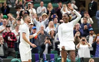 Jamie Murray and Venus Williams celebrate victory in their mixed doubles Wimbledon match against Alicja Rosolska and Michael Venus. Picture: PA