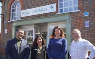 Caroline Nokes MP outside Romsey Pharmacy, with renowned pharmacist Sultan Sid Dajani, superintendent pharmacy Mita Thakrar and her colleague
