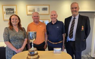 Pictured left to right – Aileen Simpson (Brokenhurst Manor captain), Alan Mew, Idris Vernall and Hampshire Golf president David Wheeler.