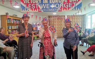 From left: Residents Margaret Jarman, April Nye and Joyce Ponsonby celebrate the VE Day anniversary at Colten Care’s Kingfishers in New Milton, Hampshire